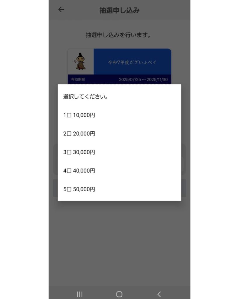 太宰府ペイの口数を選ぶ画面