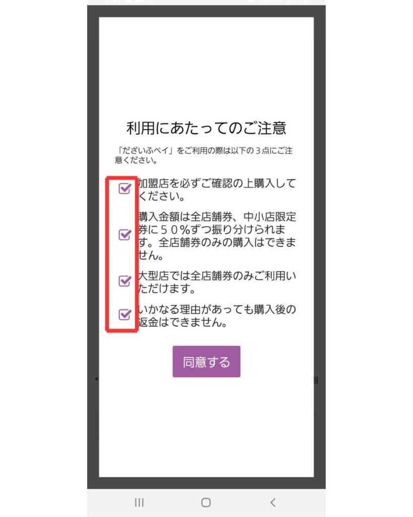 太宰府ペイの利用にあたっての注意画面